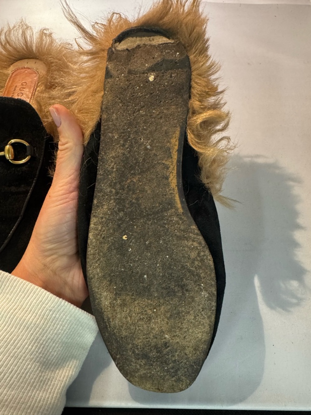 Gucci Princeton Mules Black Suede with Tan Fur and Horsebit - Picture 6 of 7